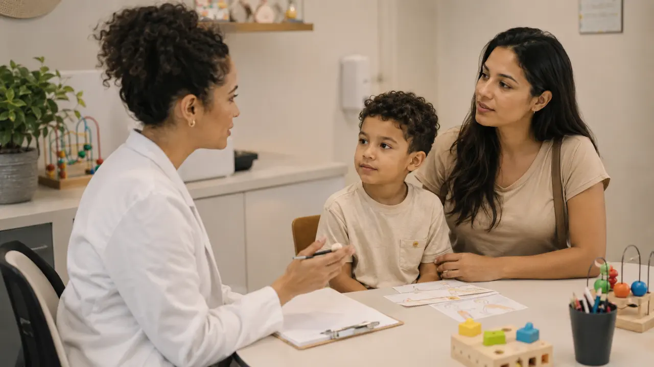 Profissional conversando com mãe e criança durante uma consulta