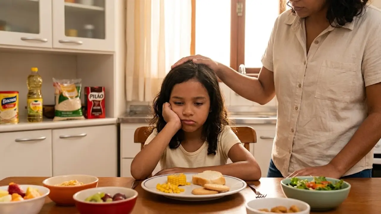 Criança recusando vegetais durante uma refeição
